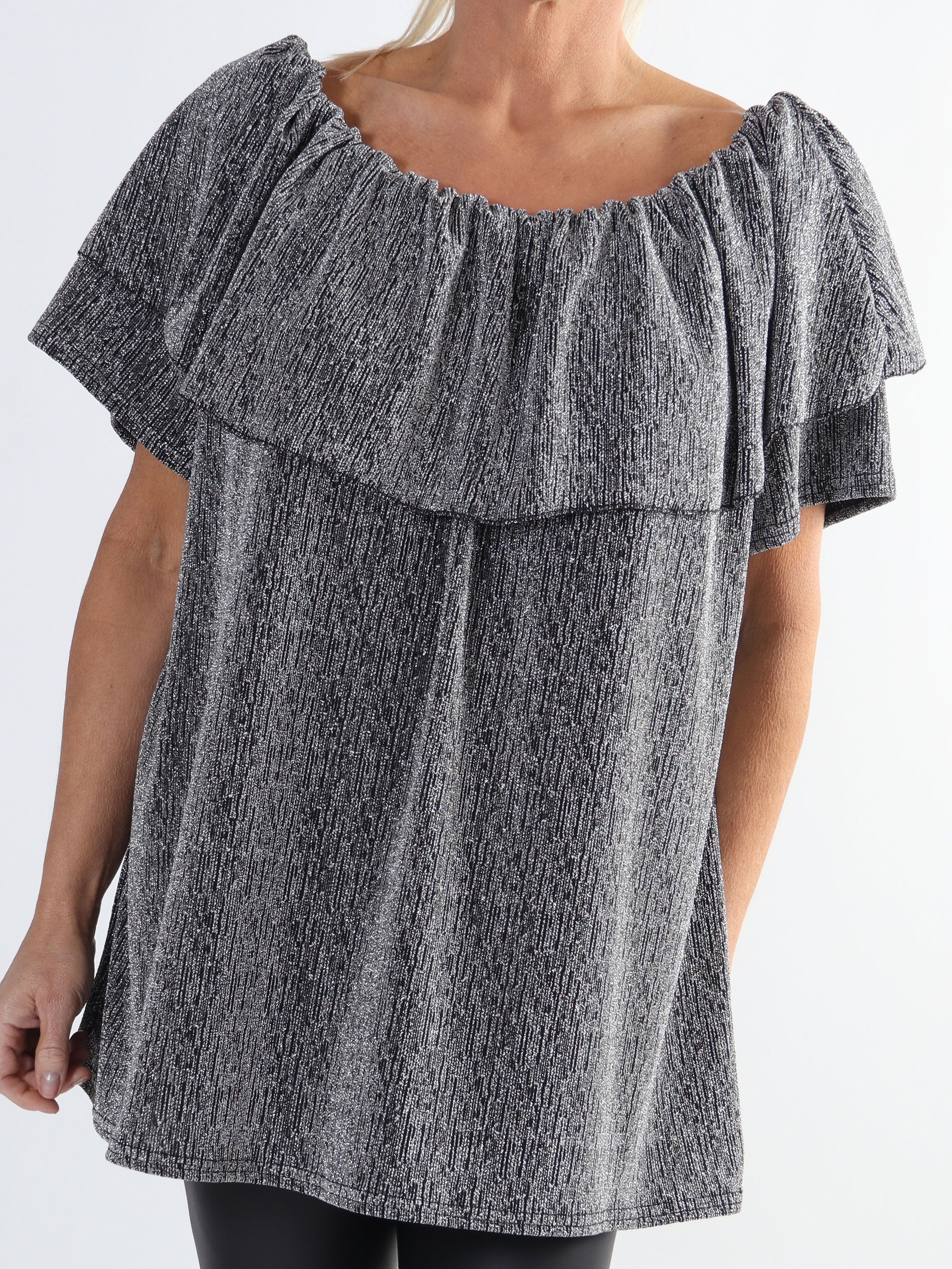 Maily - Plus size off shoulder bluse med glimmertråde